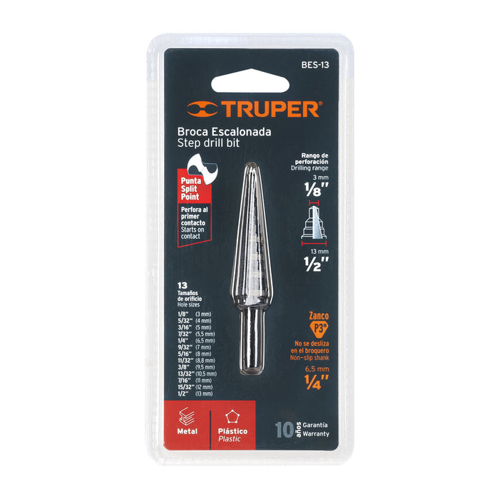 Broca escalonada óxido negro 13 escalones 1/8' a 1/2',Truper 12122 BES-13