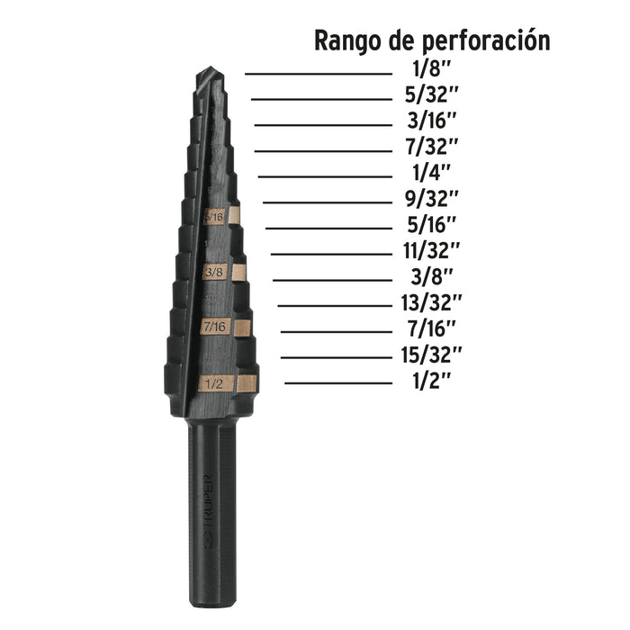 Broca escalonada óxido negro 13 escalones 1/8' a 1/2',Truper 12122 BES-13