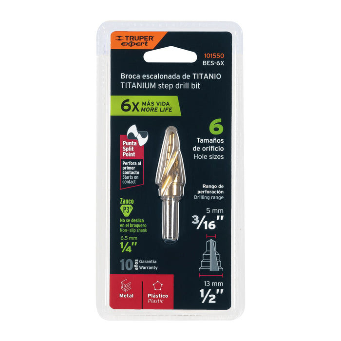 Broca escalonada óxido negro 6 escalones 3/16' a 1/2',Truper 12120 BES-6
