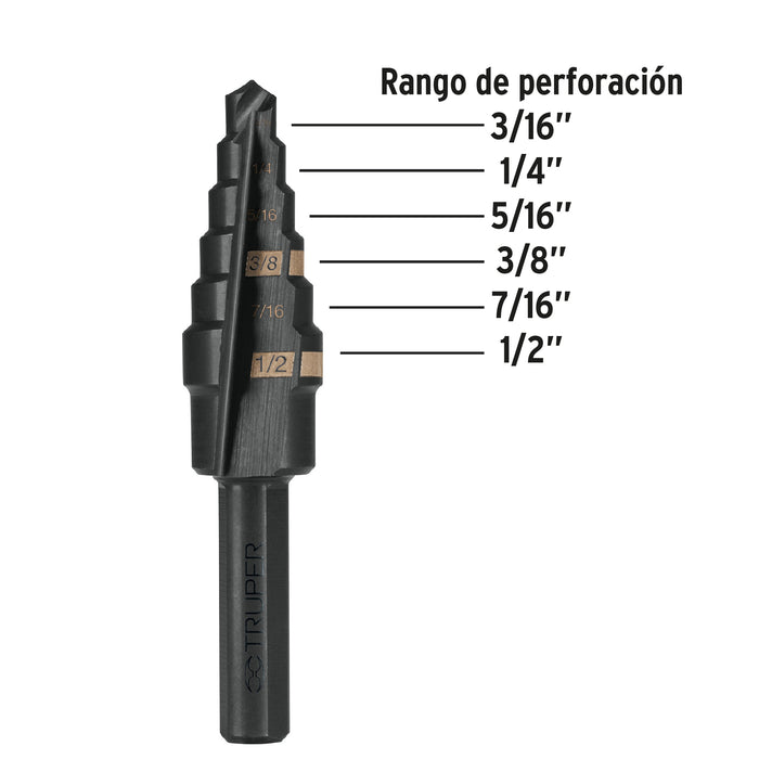 Broca escalonada óxido negro 6 escalones 3/16' a 1/2',Truper 12120 BES-6