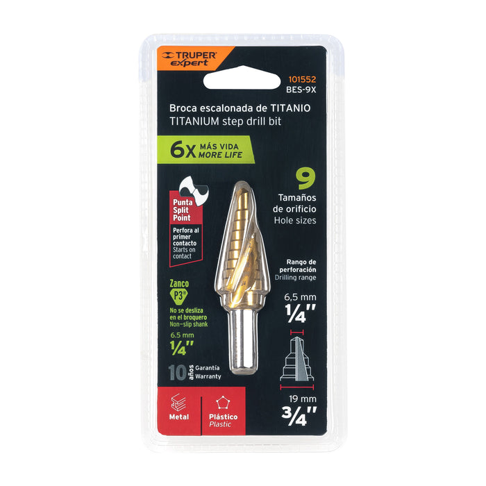 Broca escalonada óxido negro 9 escalones 1/4' a 3/4', Truper 12123 BES-9