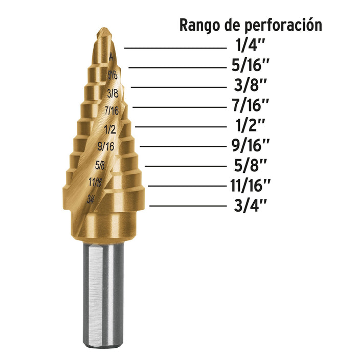 Broca escalonada óxido negro 9 escalones 1/4' a 3/4', Truper 12123 BES-9