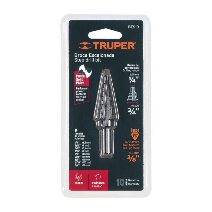 Broca escalonada óxido negro 9 escalones 1/4' a 3/4', Truper 12123 BES-9