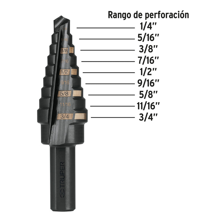 Broca escalonada óxido negro 9 escalones 1/4' a 3/4', Truper 12123 BES-9