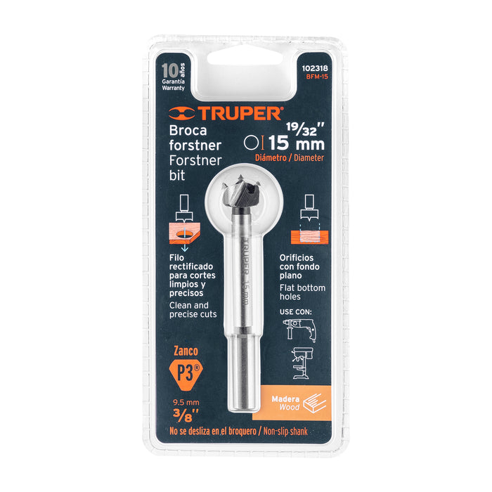 Broca forstner 15 mm para madera, Truper 102318 BFM-15