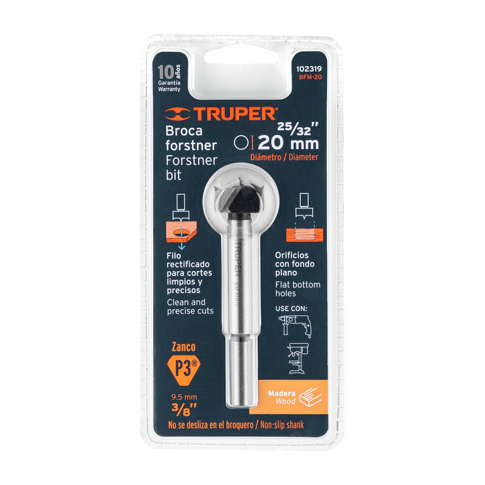 Broca forstner 20 mm para madera, Truper 102319 BFM-20