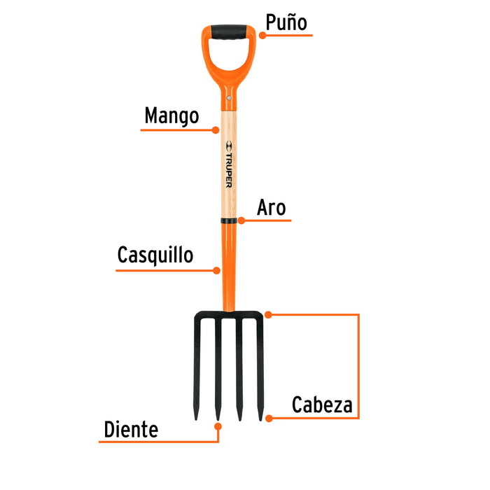 Bieldo para jardín, 4 dientes, mgo 29', puño 'Y', Truper 11018 BJ-4P