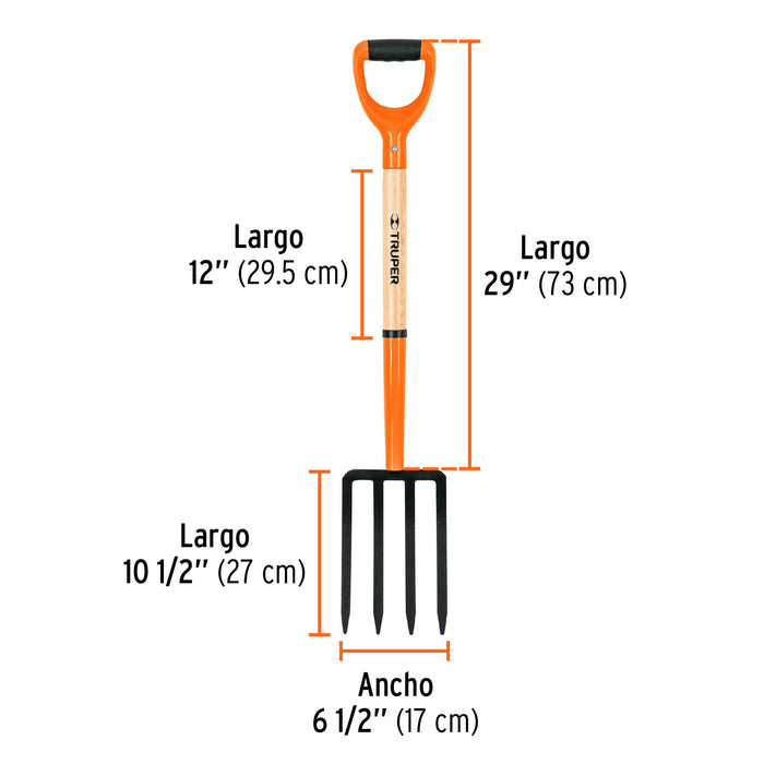Bieldo para jardín, 4 dientes, mgo 29', puño 'Y', Truper 11018 BJ-4P
