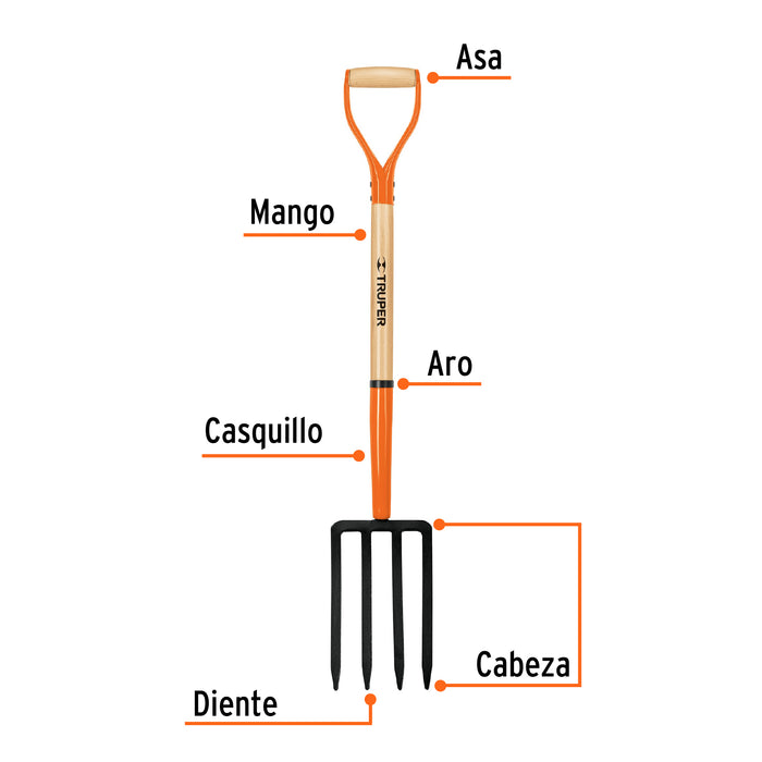 Bieldo para jardín, 4 dientes, mgo 34', puño 'Y', Truper 11021 BJ-4