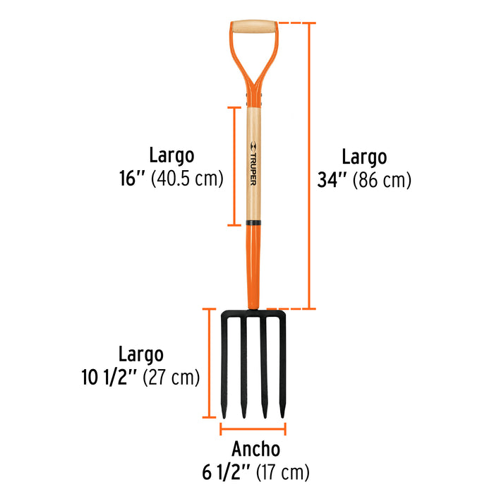 Bieldo para jardín, 4 dientes, mgo 34', puño 'Y', Truper 11021 BJ-4