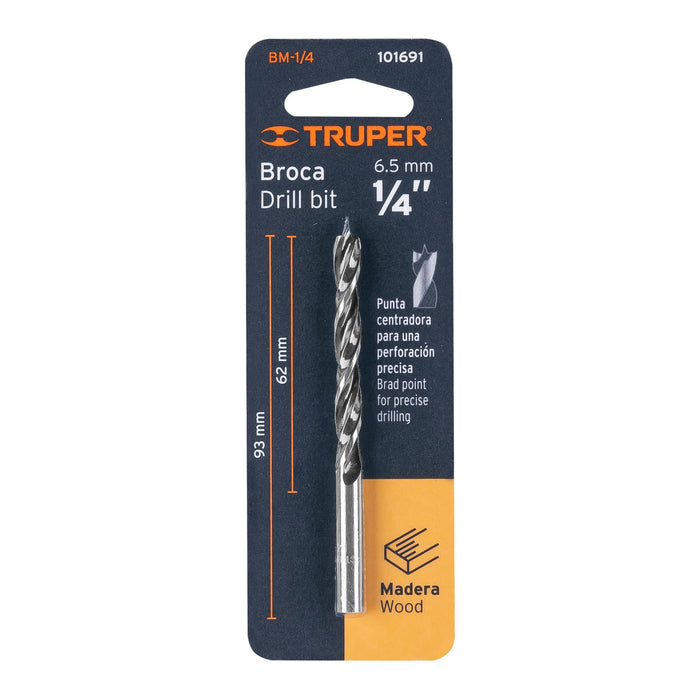Broca con punta centradora para madera 1/4', Truper Código: 101691