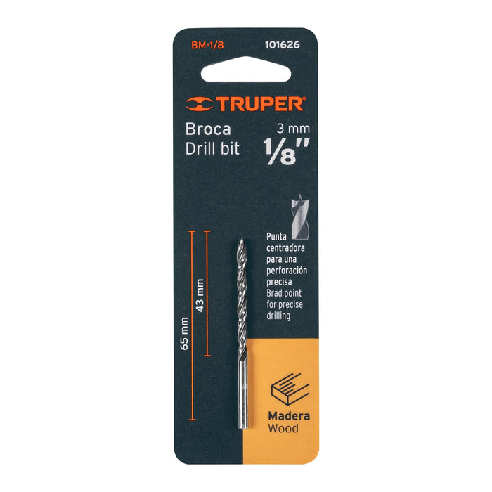 Broca con punta centradora para madera 1/8', Truper Código: 101626