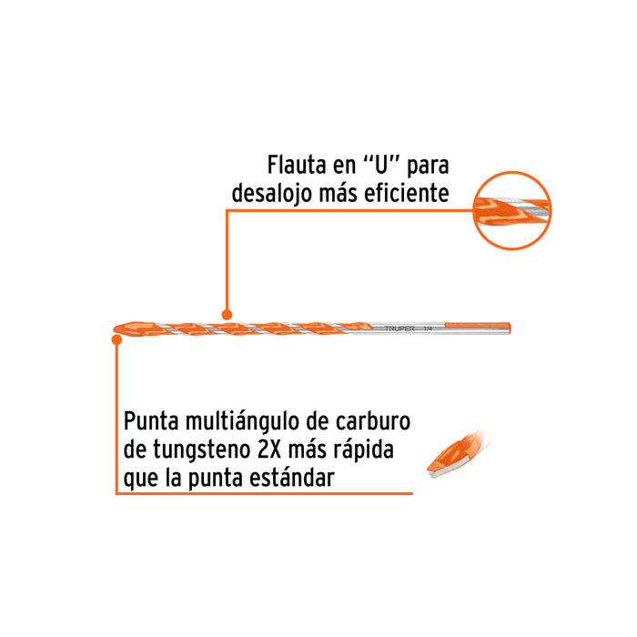 Broca multimaterial 1/4 x 6', Truper Código: 101806