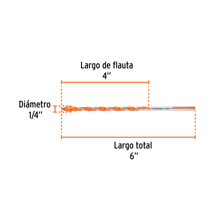 Broca multimaterial 1/4 x 6', Truper Código: 101806