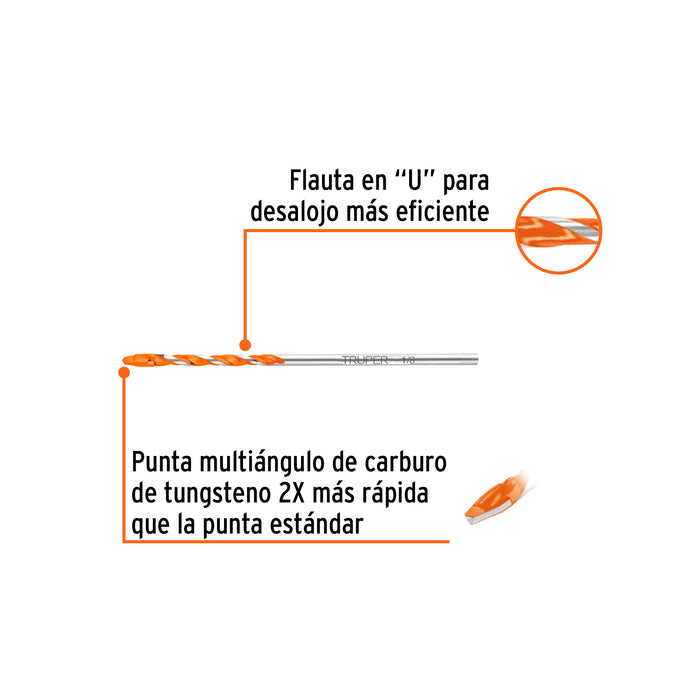 Broca multimaterial 1/8 x 3', Truper Código: 103017