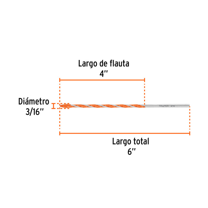Broca multimaterial 3/16 x 6', Truper Código: 101805