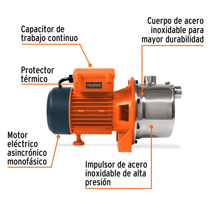 Bomba eléctrica tipo jet para agua,acero inoxidable,1-1/2 HP Código: 101102