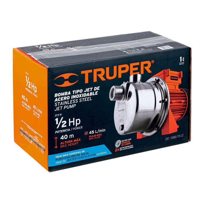 Bomba eléctrica tipo jet para agua, acero inoxidable, 1/2 HP Código: 13555