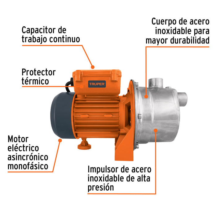 Bomba eléctrica tipo jet para agua, acero inoxidable, 1/2 HP Código: 13555