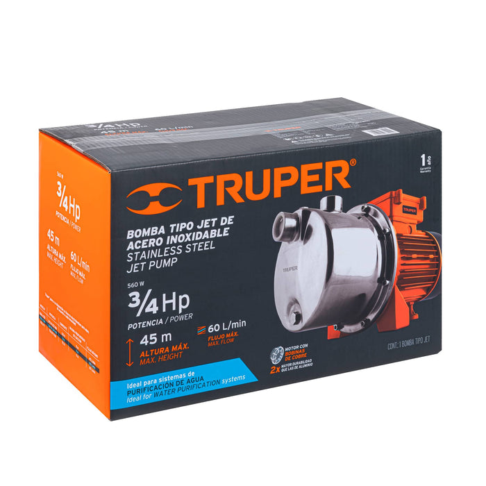 Bomba eléctrica tipo jet para agua, acero inoxidable, 3/4 HP Código: 13557