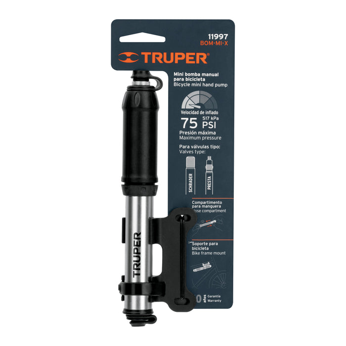 Mini bomba manual para bicicleta, abatible, 75 PSI, Truper 11997 BOM-MI-X