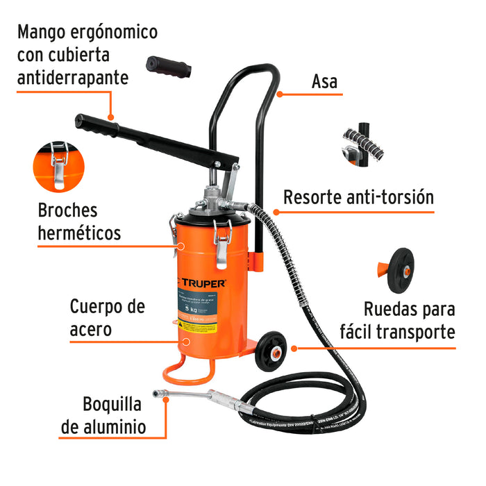Bomba inyectora de grasa, 5 kg, Truper 16866 BOMIN-5
