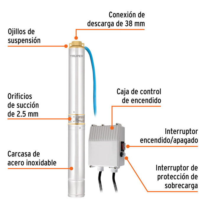 Bomba sumergible, tipo bala, 1-1/2 HP, agua limpia, Truper Código: 12626