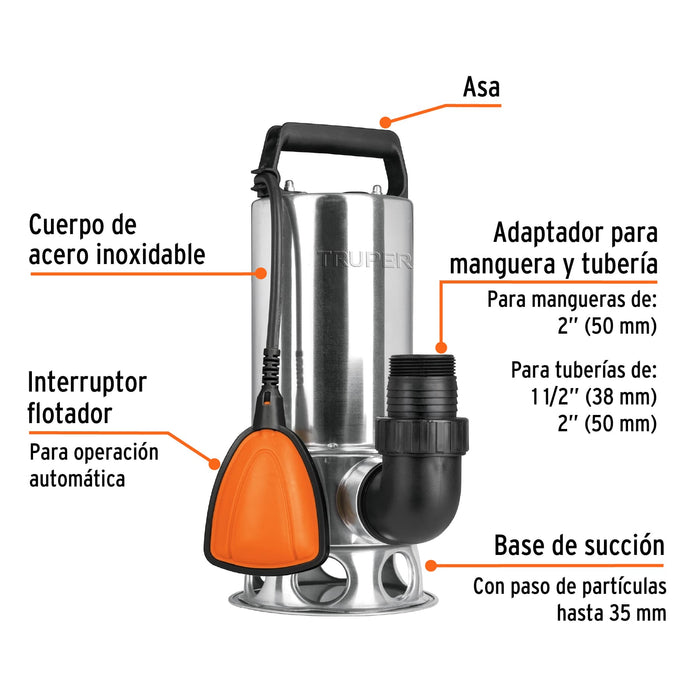 Bomba sumergible acero inoxidable,agua sucia,1-1/2HP, Truper Código: 12608