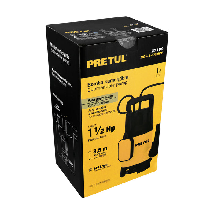 Bomba sumergible plástica, 1-1/2 HP para agua sucia, Pretul 27199