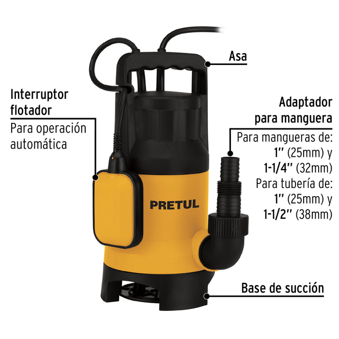 Bomba sumergible plástica, 1-1/2 HP para agua sucia, Pretul 27199
