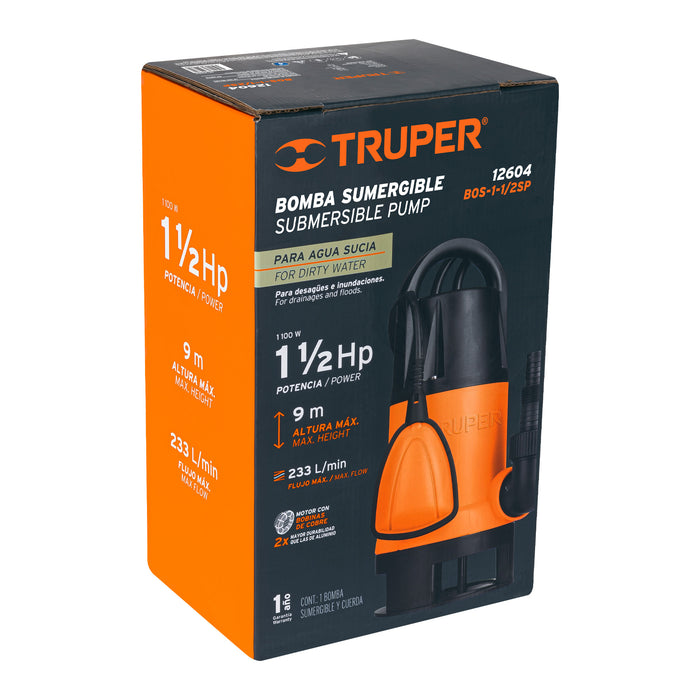 Bomba sumergible plástica, 1-1/2 HP para agua sucia, Truper Código: 12604