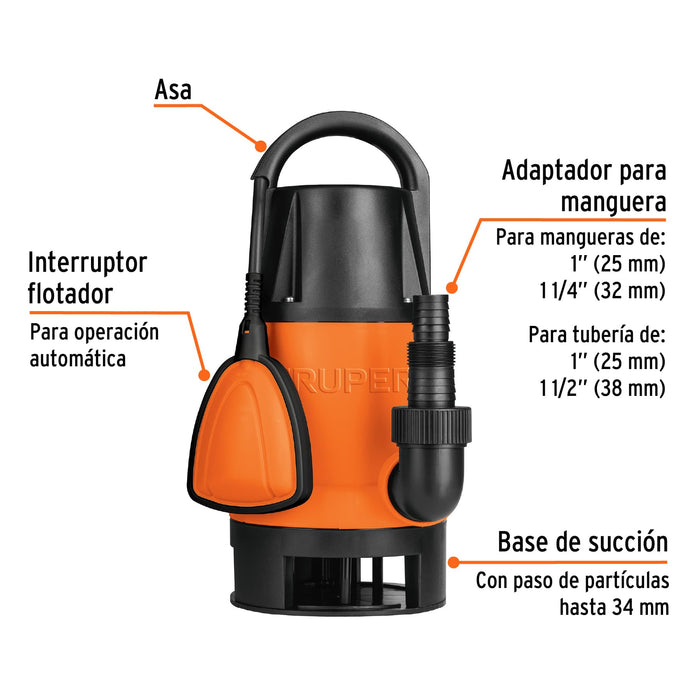 Bomba sumergible plástica, 1-1/2 HP para agua sucia, Truper Código: 12604