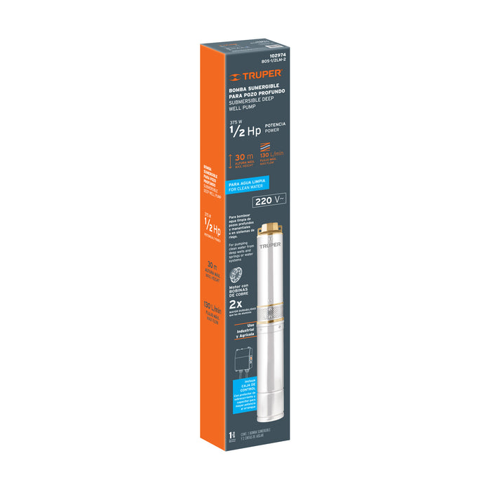 Bomba sumergible, tipo bala, 1/2 HP, a/limpia, 220V, Truper Código: 102974