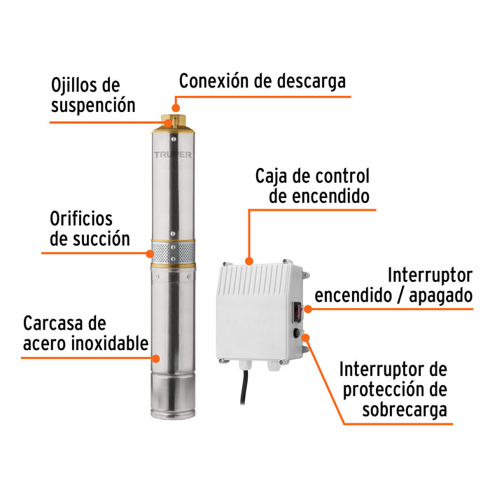 Bomba sumergible, tipo bala, 1/2 HP, a/limpia, 220V, Truper Código: 102974