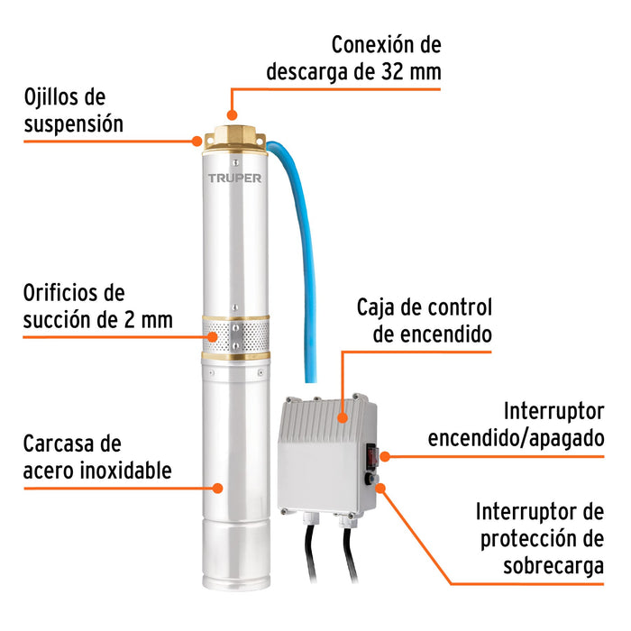 Bomba sumergible, tipo bala, 1/2 HP, agua limpia, Truper Código: 16933