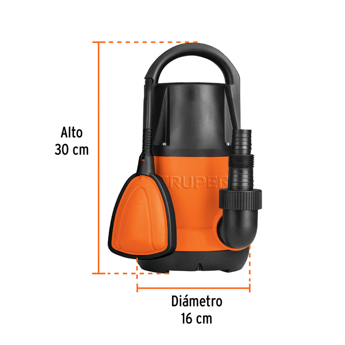 Bomba sumergible plástica, 1/2 HP para agua limpia, Truper Código: 12601
