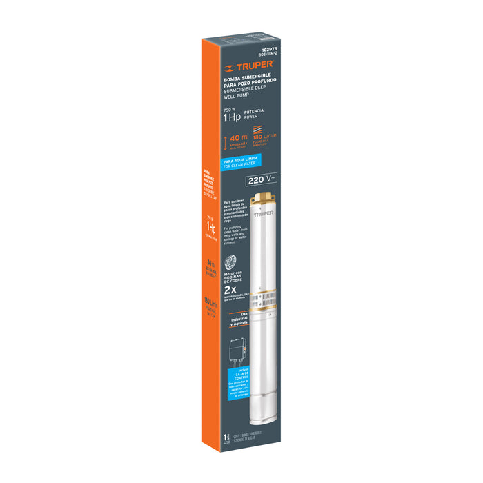 Bomba sumergible, tipo bala, 1 HP, a/limpia, 220V, Truper 102975 BOS-1LM-2