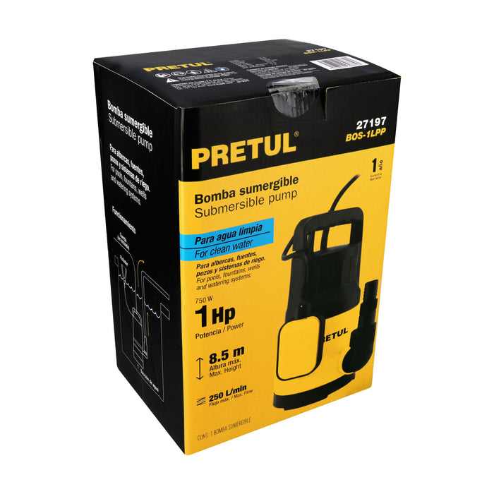 Bomba sumergible plástica, 1 HP para agua limpia, Pretul 27197 BOS-1LPP