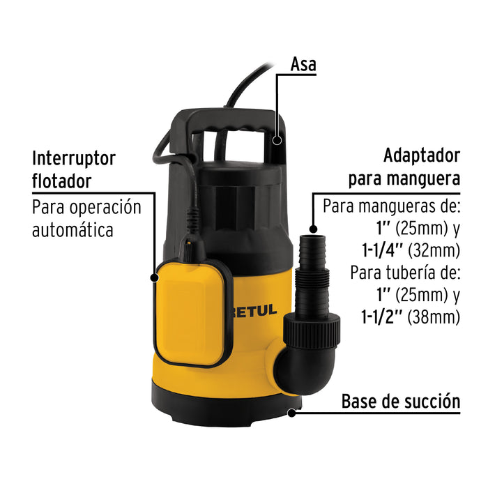 Bomba sumergible plástica, 1 HP para agua limpia, Pretul 27197 BOS-1LPP