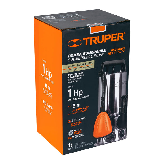 Bomba sumergible acero inoxidable, agua sucia, 1HP, Truper 12607 BOS-1SM
