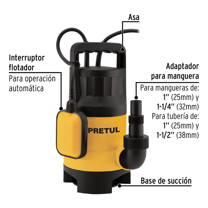 Bomba sumergible plástica, 1 HP para agua sucia, Pretul 27198 BOS-1SPP