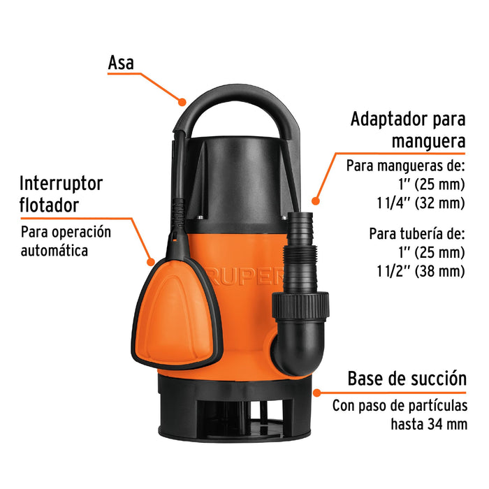Bomba sumergible plástica, 1 HP para agua sucia, Truper 12603 BOS-1SP