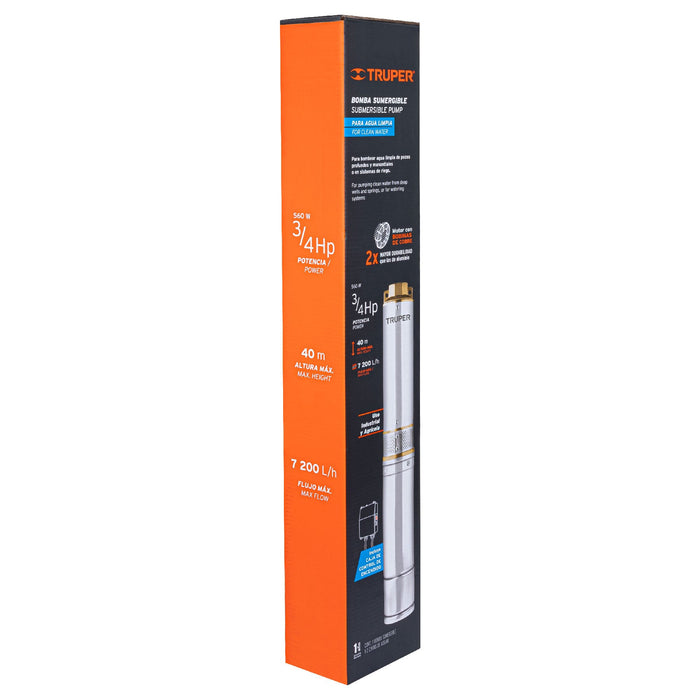 Bomba sumergible, tipo bala, 3/4 HP, agua limpia, Truper Código: 16934