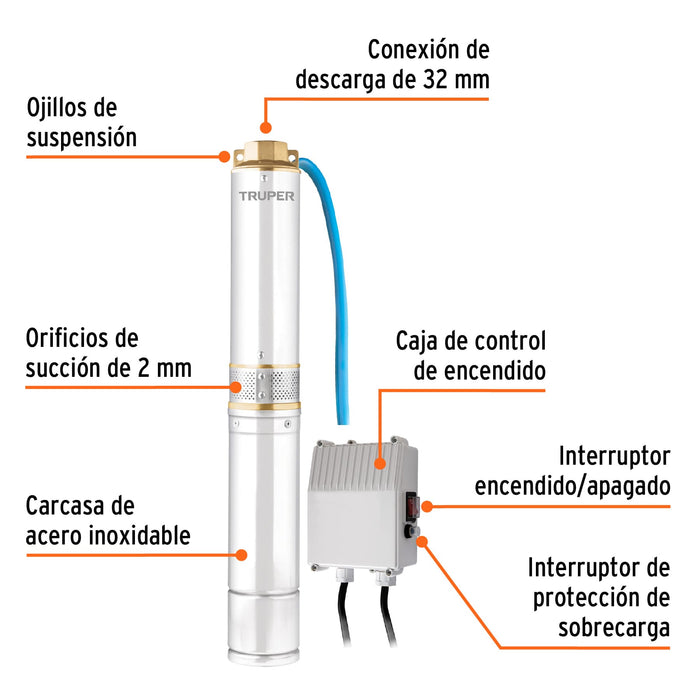 Bomba sumergible, tipo bala, 3/4 HP, agua limpia, Truper Código: 16934