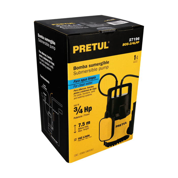 Bomba sumergible plástica, 3/4 HP para agua limpia, Pretul 27196