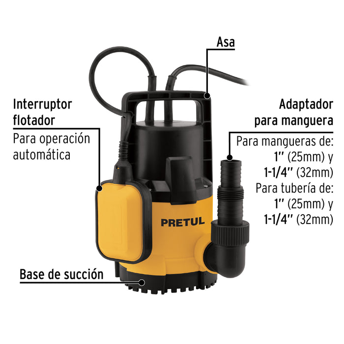 Bomba sumergible plástica, 3/4 HP para agua limpia, Pretul 27196