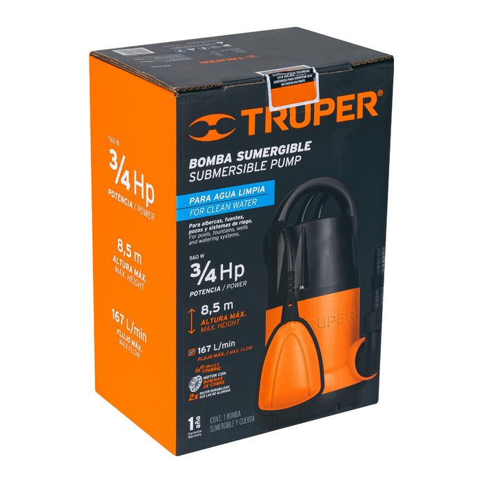Bomba sumergible plástica, 3/4 HP para agua limpia, Truper Código: 12600