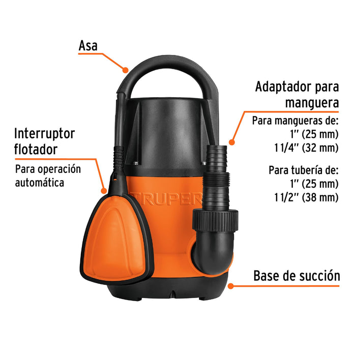 Bomba sumergible plástica, 3/4 HP para agua limpia, Truper Código: 12600