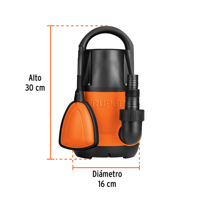 Bomba sumergible plástica, 3/4 HP para agua limpia, Truper Código: 12600