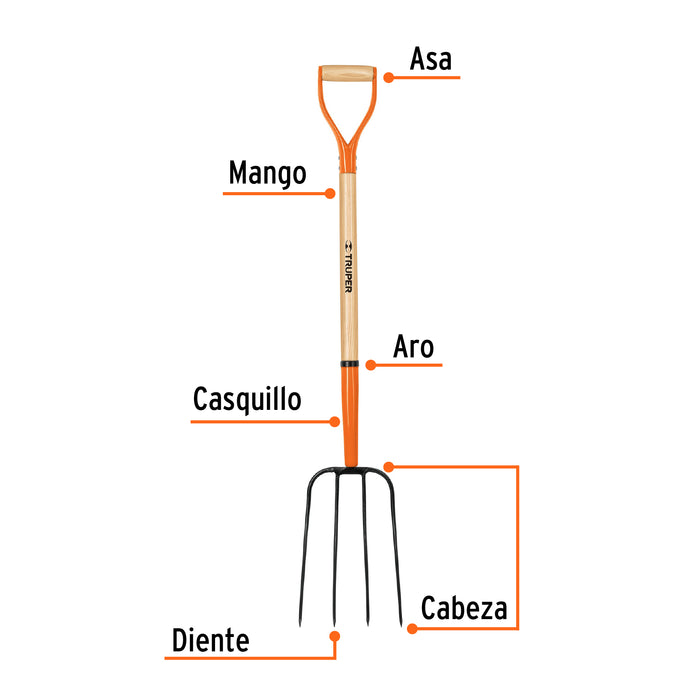Bieldo para paja, 4 dientes, mgo largo 48', Truper 11003 BPJ-4